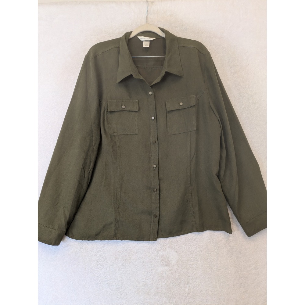Christopher & Banks Button Down Women's XL Oliveโ Green Faux Suede Utility Shirt
